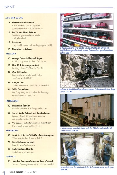 Inhaltsverzeichnis Spur G Magazin Nr. 11 vom Juli 2011