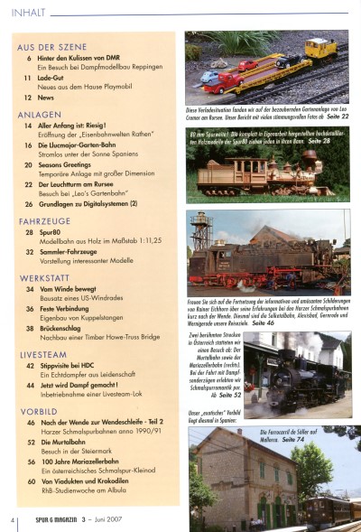 Inhaltsverzeichnis Spur G Magazin Nr. 3 vom Juni 2007