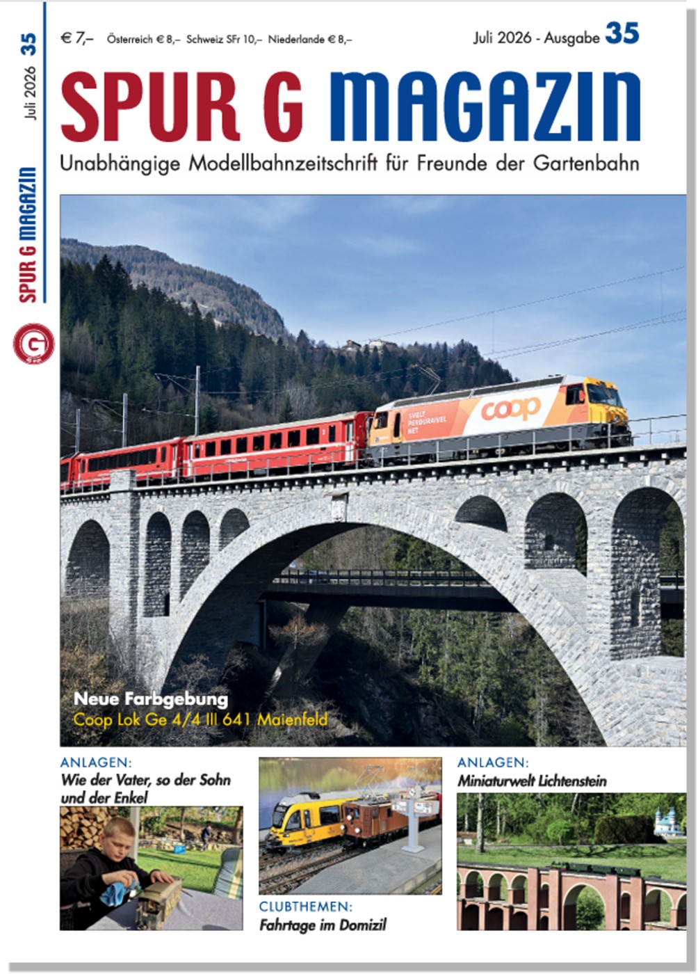 Cover Spur G Magazin Nr. 35 - August 2026 - Unser Titelbild zeigt die RhB Lok Ge 4/4 II 641 Maienfeld mit neuer Coop Werbung. 