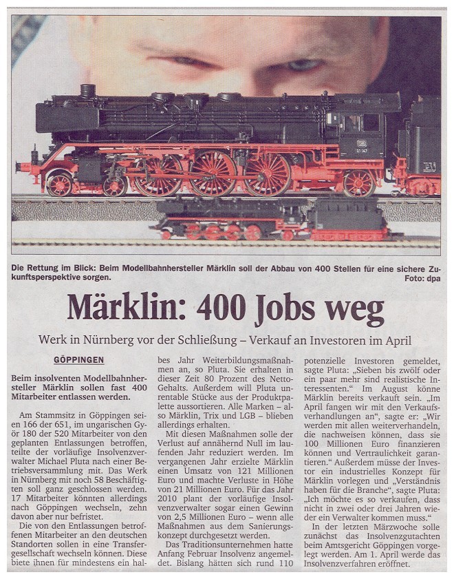 Insolvenz 2009 Mrklin/LGB. Hier Artikel aus dem Nordbayerischen Kurier vom 18.03.2009 - weiter unten steht die offizielle Pressemitteilung von Rechtsanwalt Michael Pluta. 